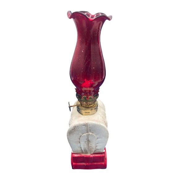 Miniature Covered Wagon Kerosene Lamp Red Glass Chimney Rustic Collectible - Picture 1 of 7